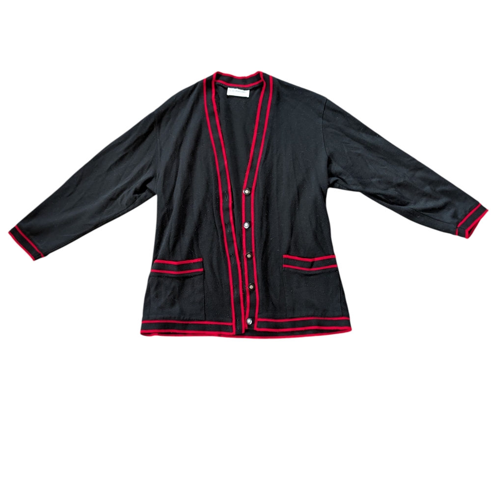 Vintage CD Petites‎ Women’s Black Cardigan  Red Piping, Size M, Classic Style